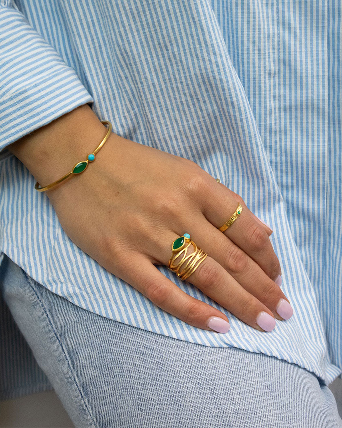 Gold rings with natural green onyx and turquoise gemstones