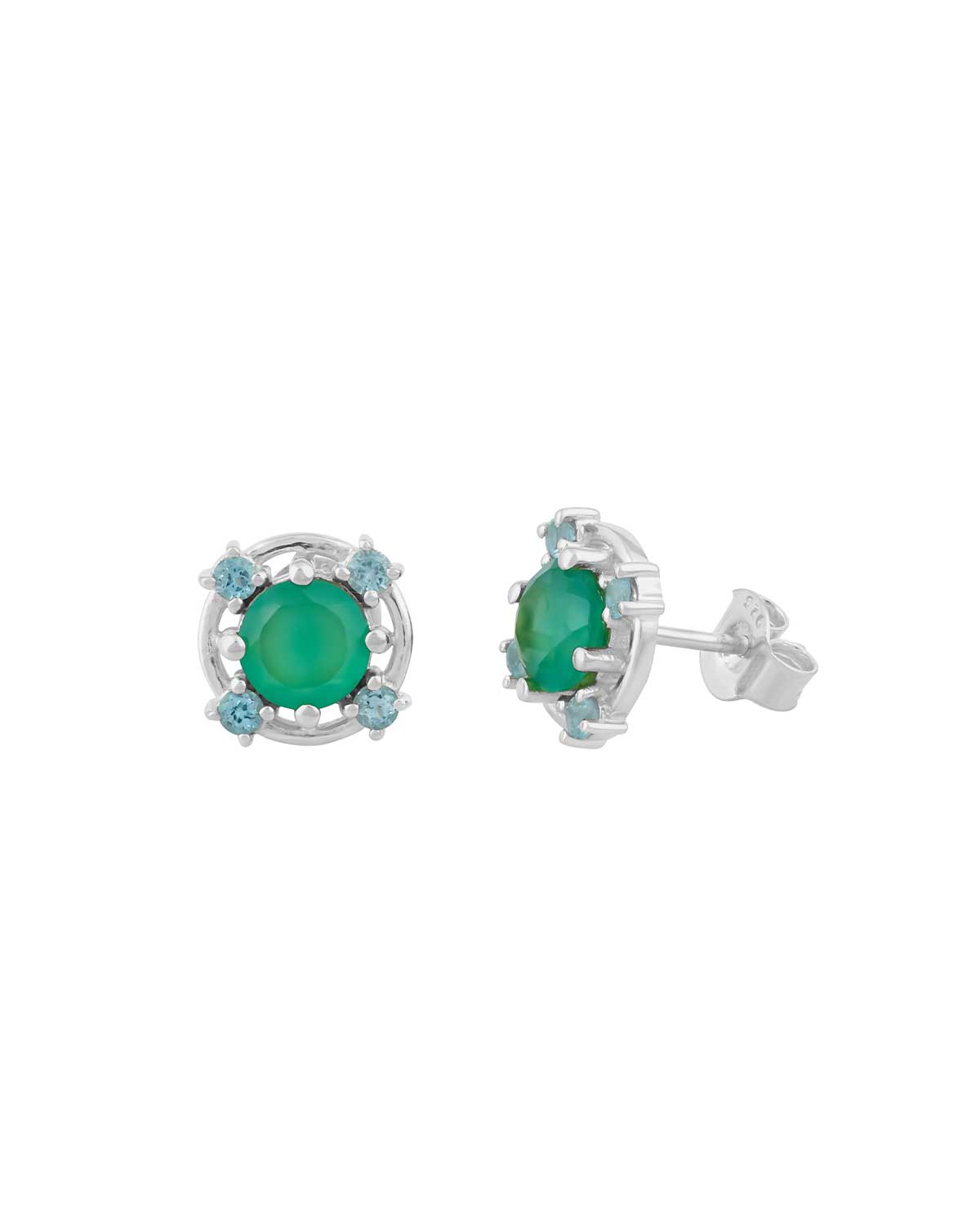 Silver stud earrings with green onyx and blue topaz gemstones
