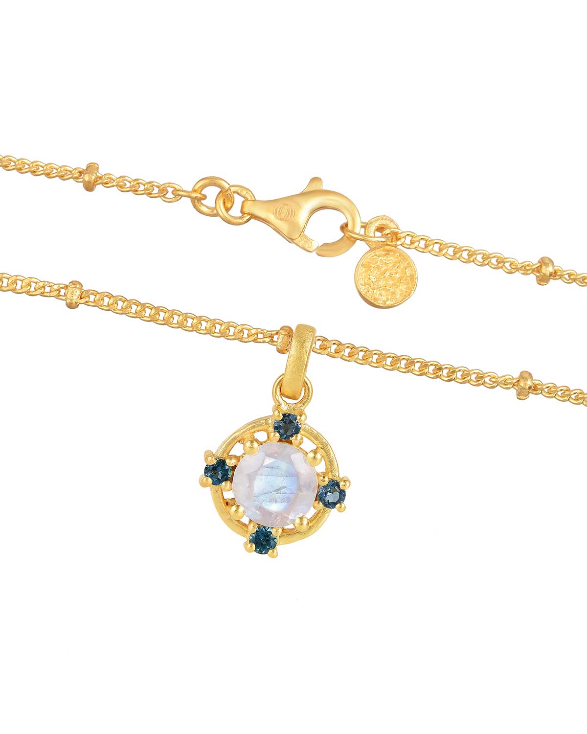 Gold necklace with rainbow moonstone and london blue topaz gemstones