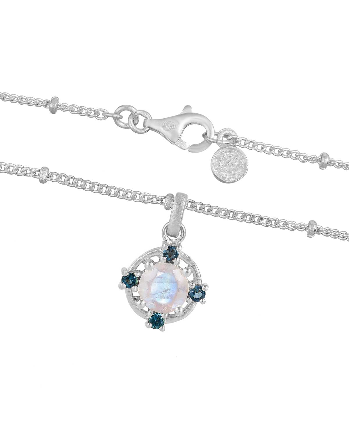 Silver necklace featuring moonstone and blue topaz gemstones