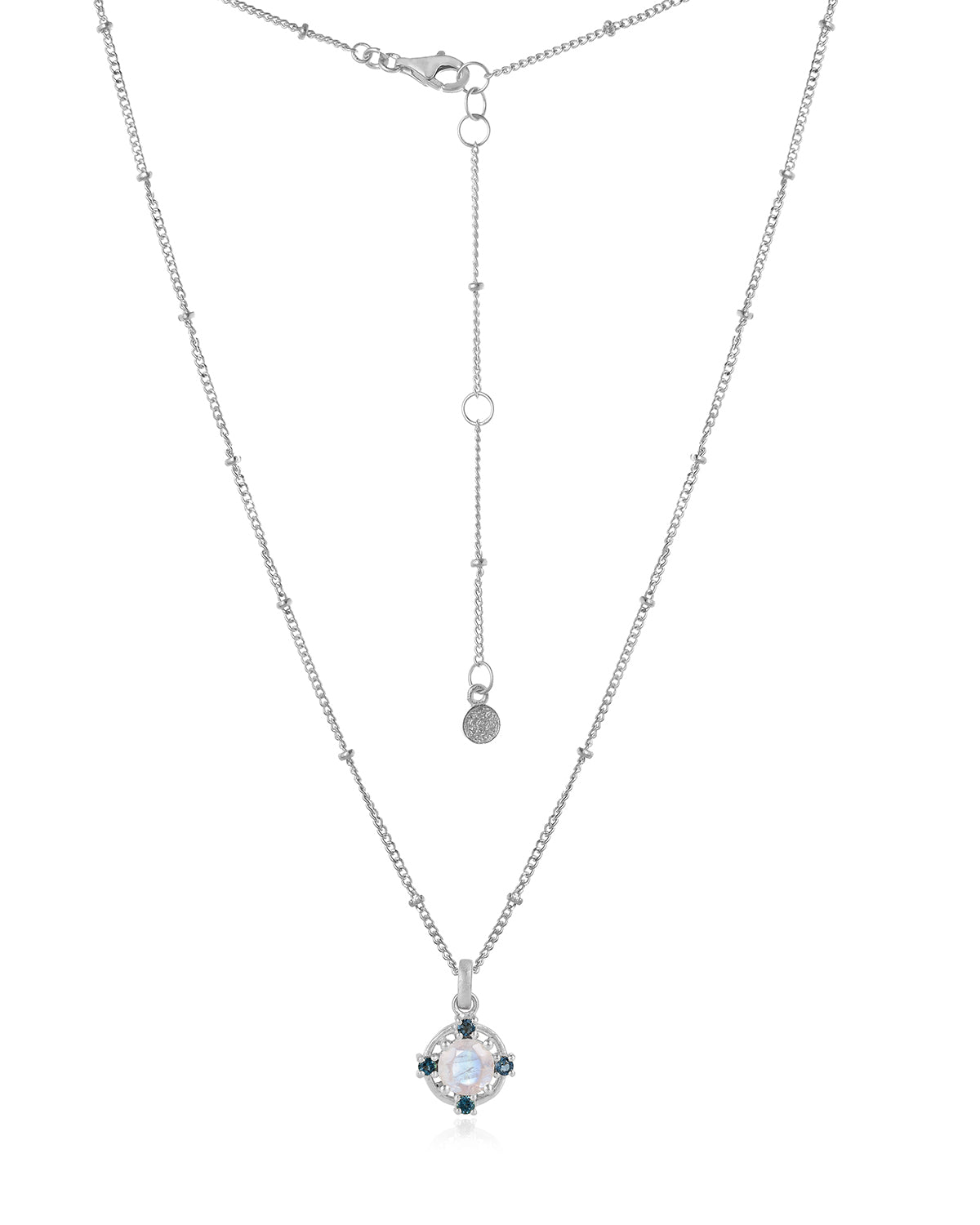 Silver necklace with rainbow moonstone and blue topaz gemstones