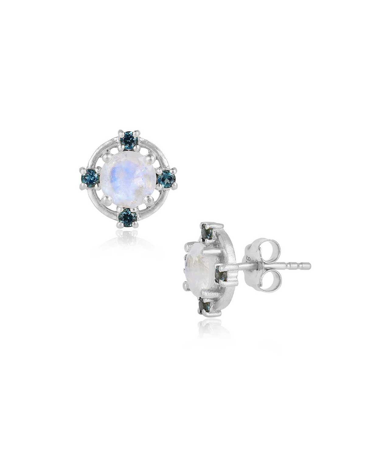 Sterling silver stud earrings with rainbow moonstone and blue topaz gemstones