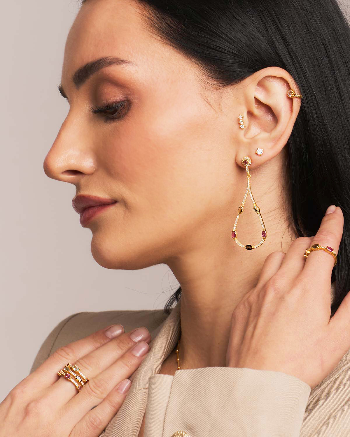 Lightweight gold drop earrings with colorful tourmaline gemstones