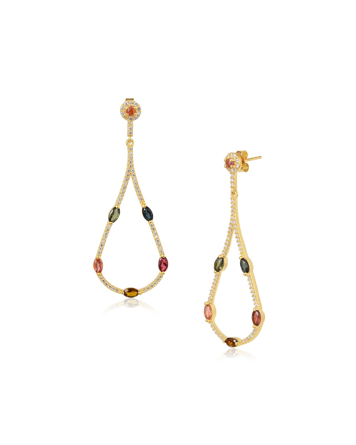 Gold drop earrings with faceted mixed-colour tourmaline gemstones and cubic accents