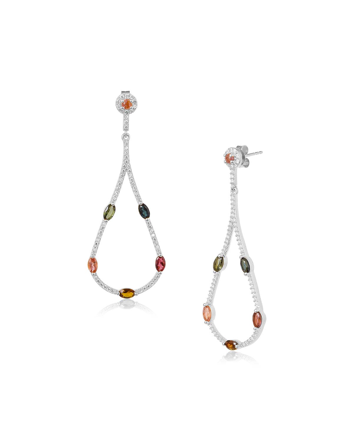 Silver drop earrings with faceted mixed-color tourmaline gemstones and AAA cubic stones
