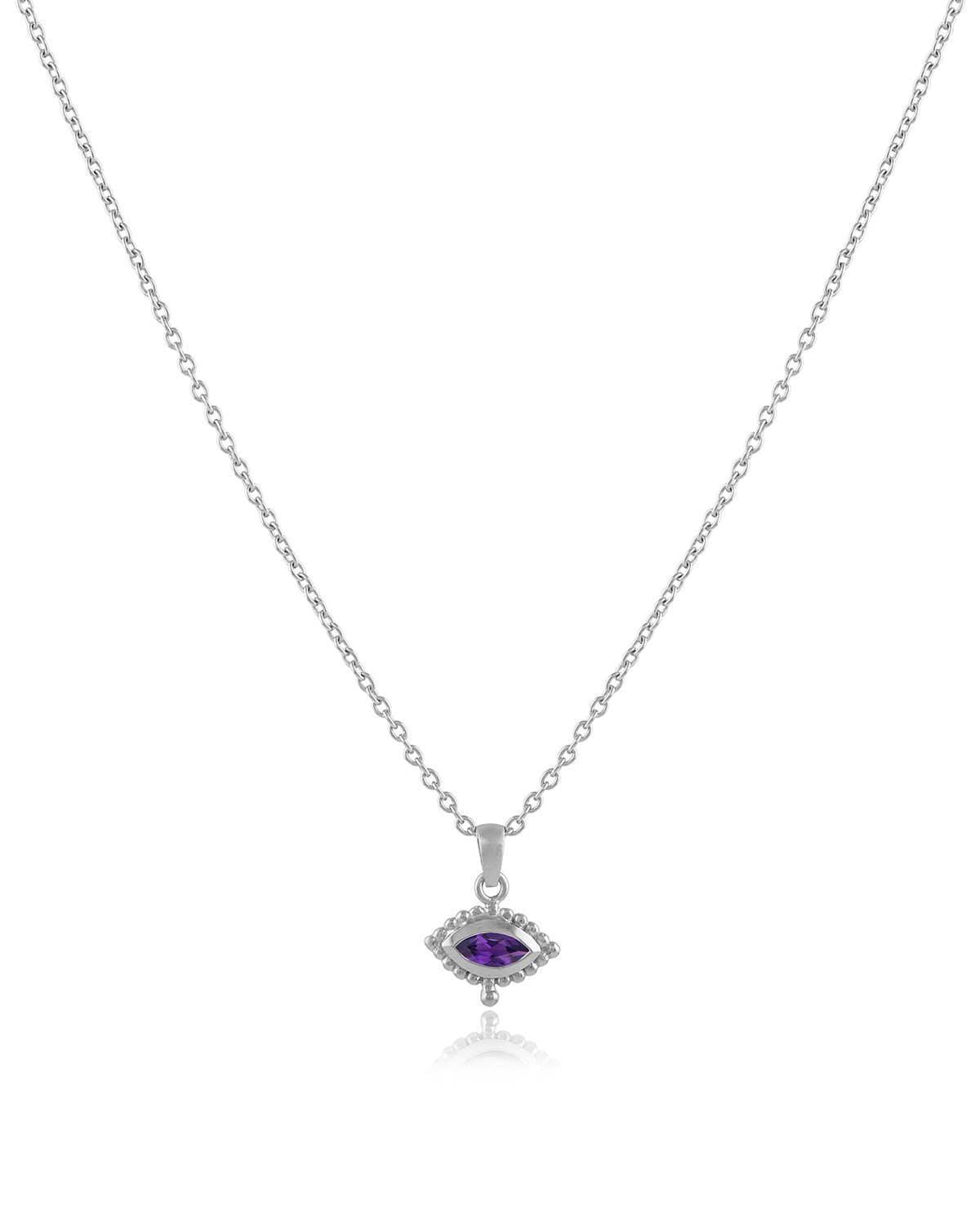 Silver eye necklace with adjustable chain and amethyst gemstone