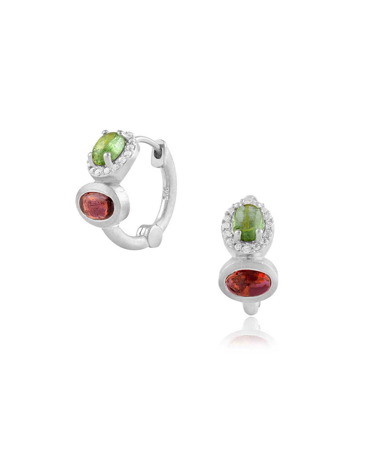 Silver mini hoop earrings with mixed tourmaline gemstones and a matte finish