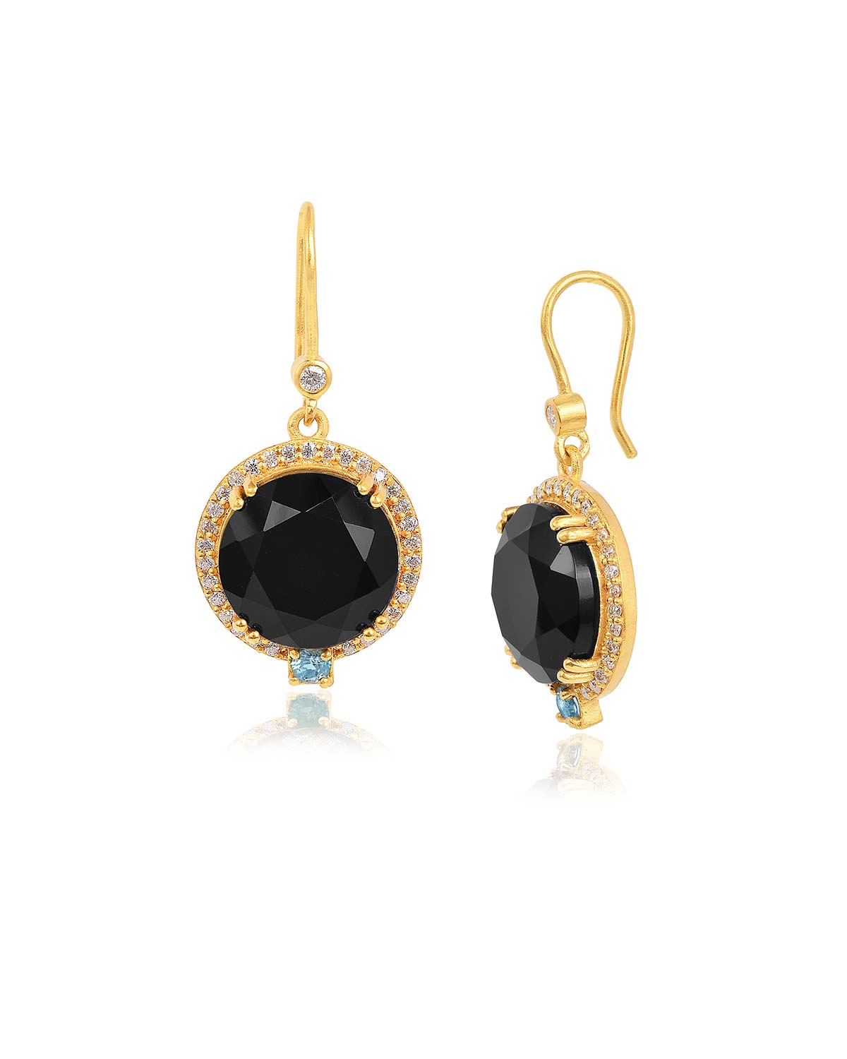 Front and side view of gold earrings with black spinel and labradorite gemstone details