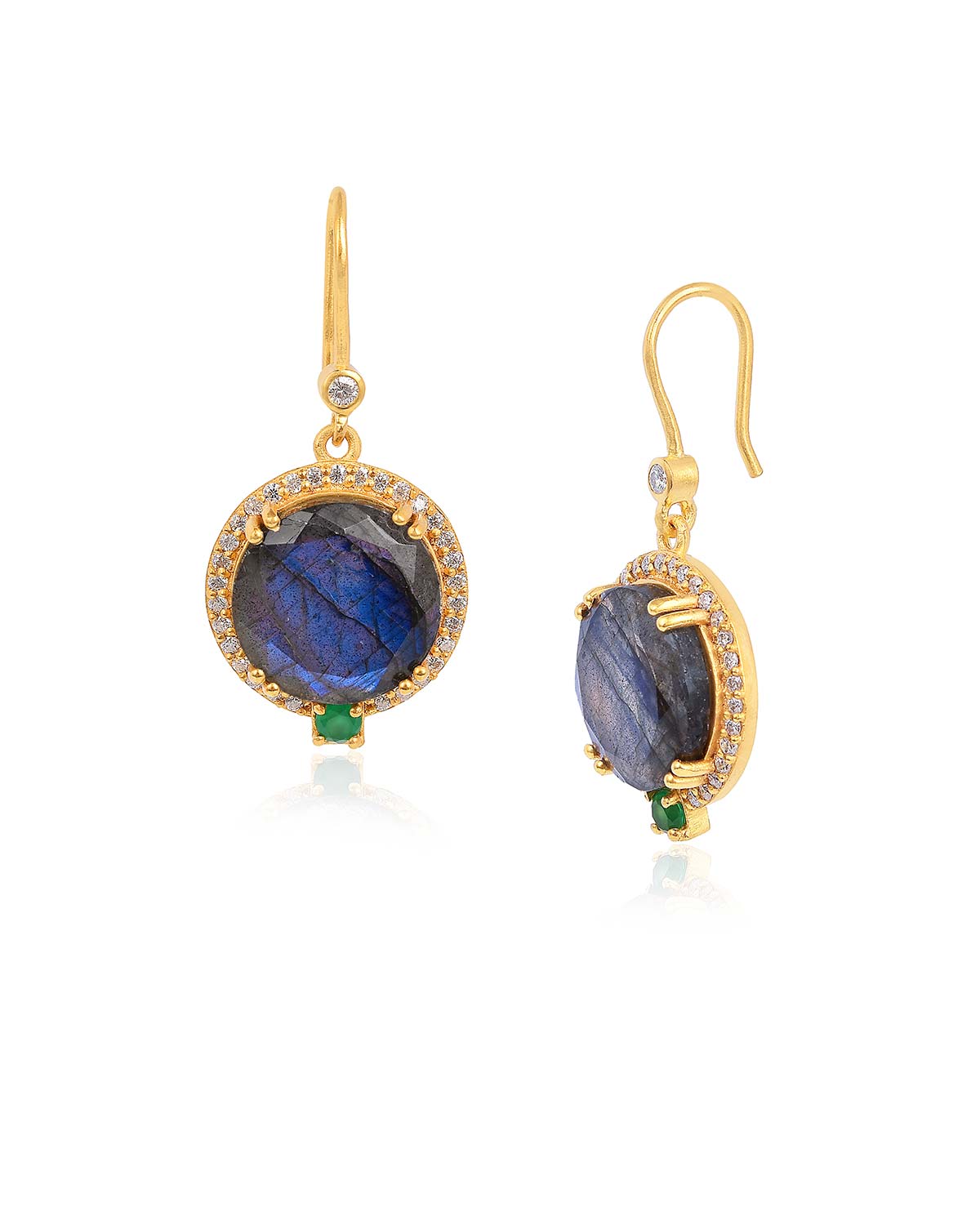 Gold earrings with black spinel and labradorite gemstones in a polished finish