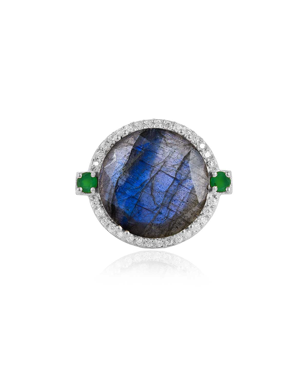 Close-up of a silver ring with black spinel gemstone and diamond detail