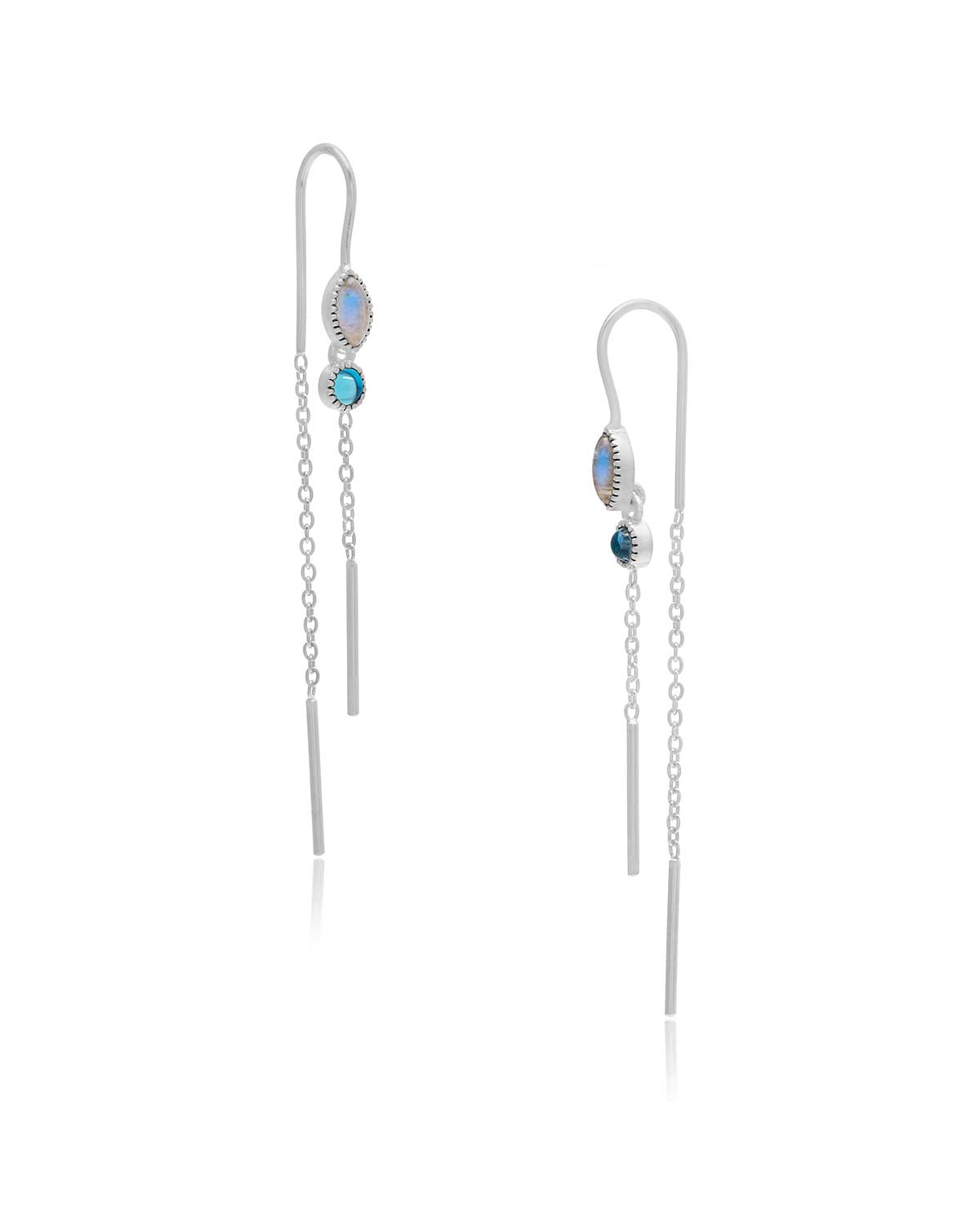 Silver drop earrings with mixed gemstones and a lightweight pull-through chain design