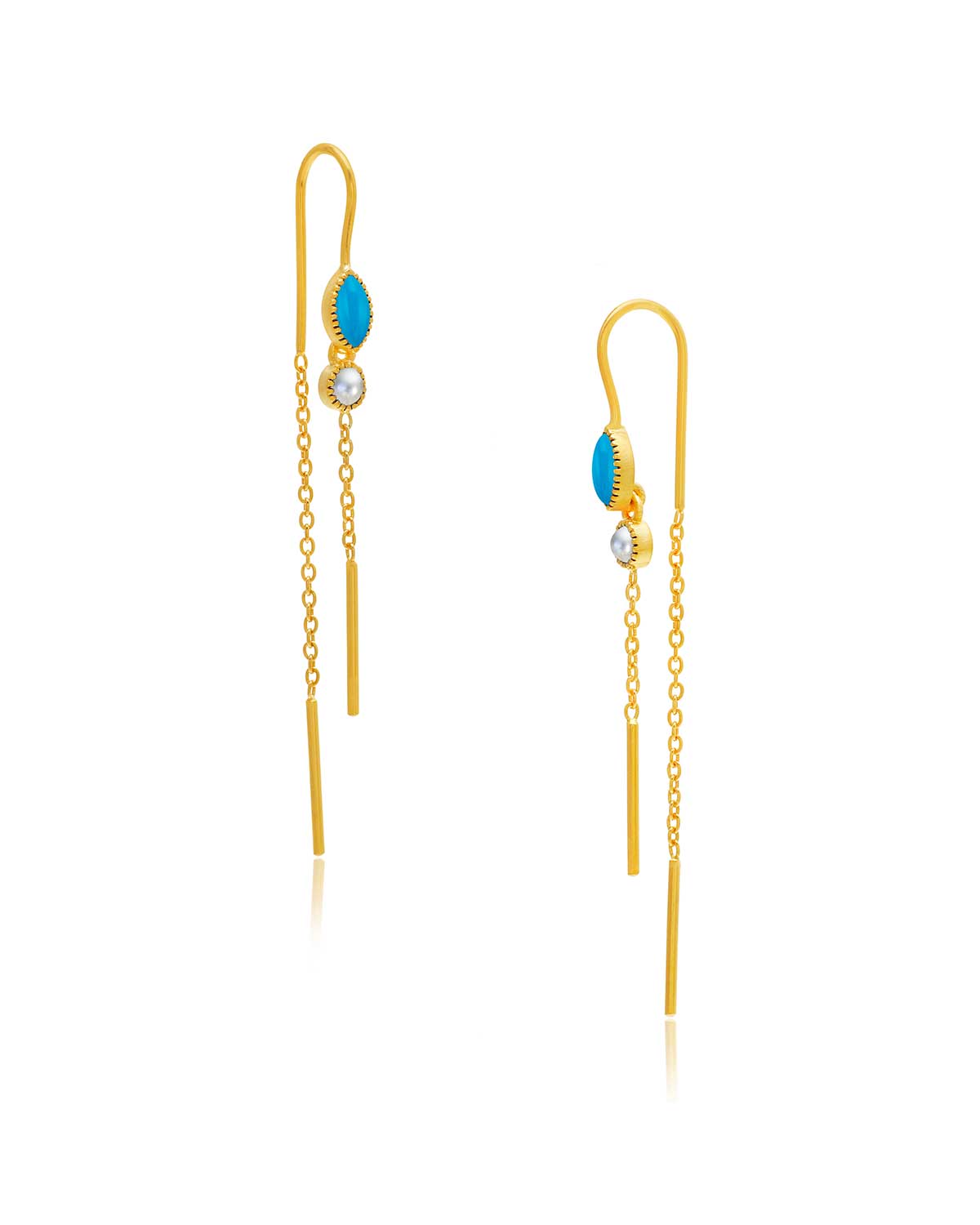 Side angle of gold pull-through earrings with mixed gemstones
