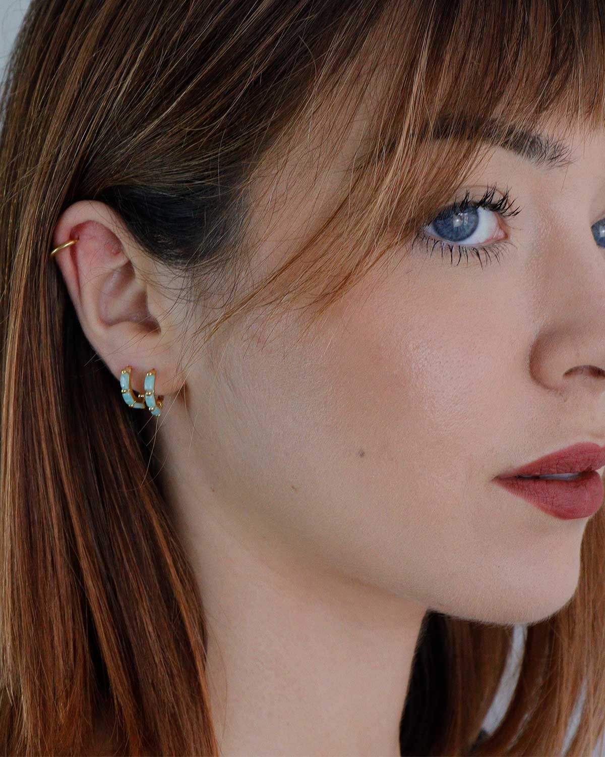 Unique gold mini hoop earrings with amazonite gemstones for a versatile jewellery look
