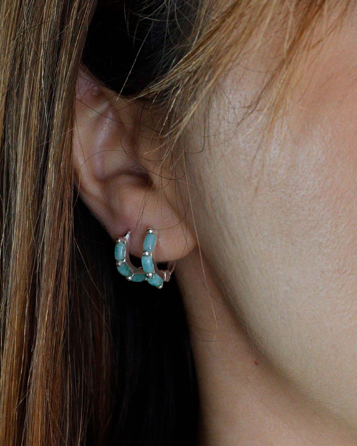 Minimal silver mini hoop earrings with amazonite gemstones for everyday wear