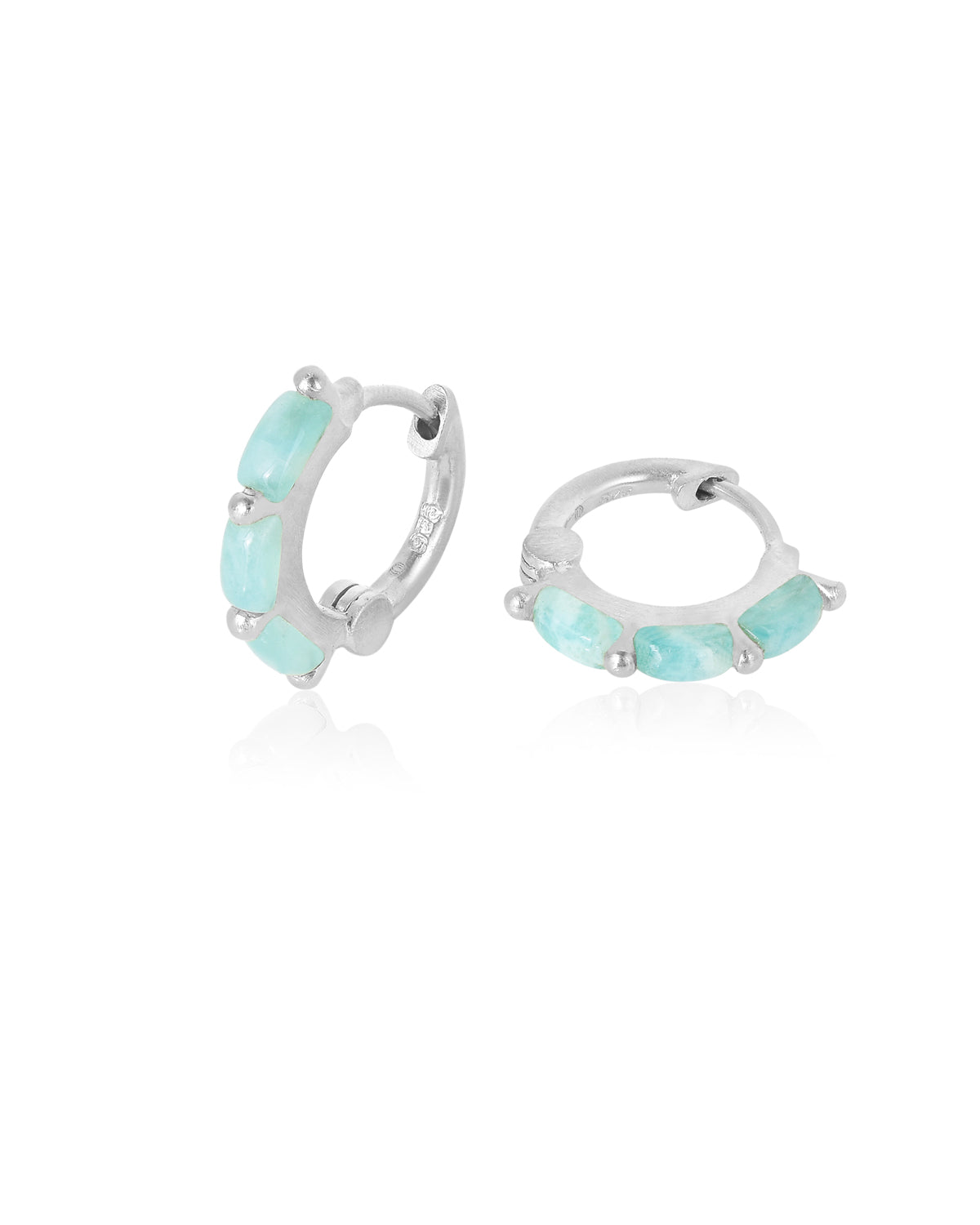 Silver mini hoop earrings with natural amazonite gemstones in a baguette cut