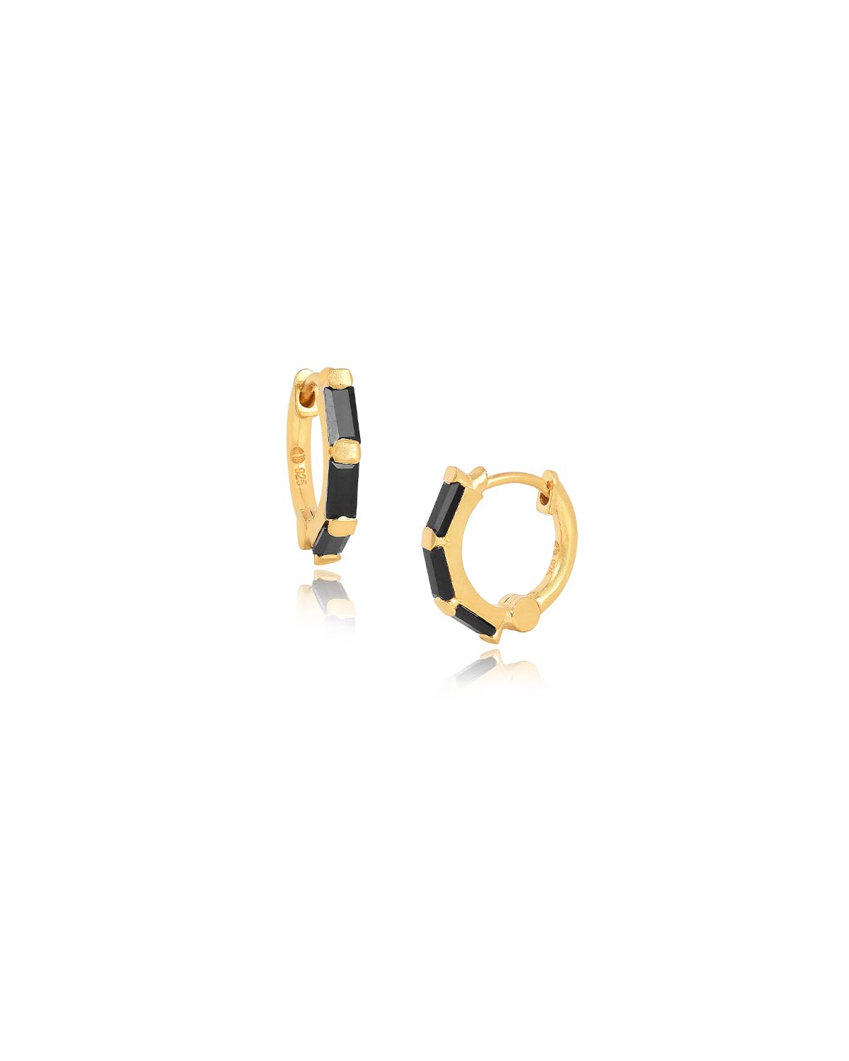 Small gold mini hoop earrings with baguette-cut black spinel gemstones