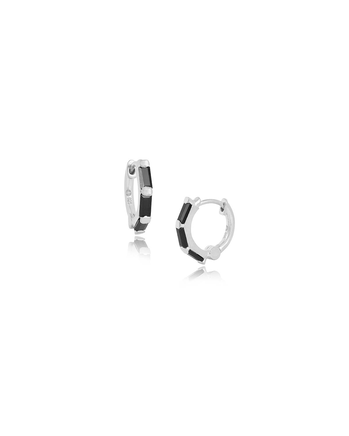 Silver mini hoop earrings with baguette-cut black spinel gemstones
