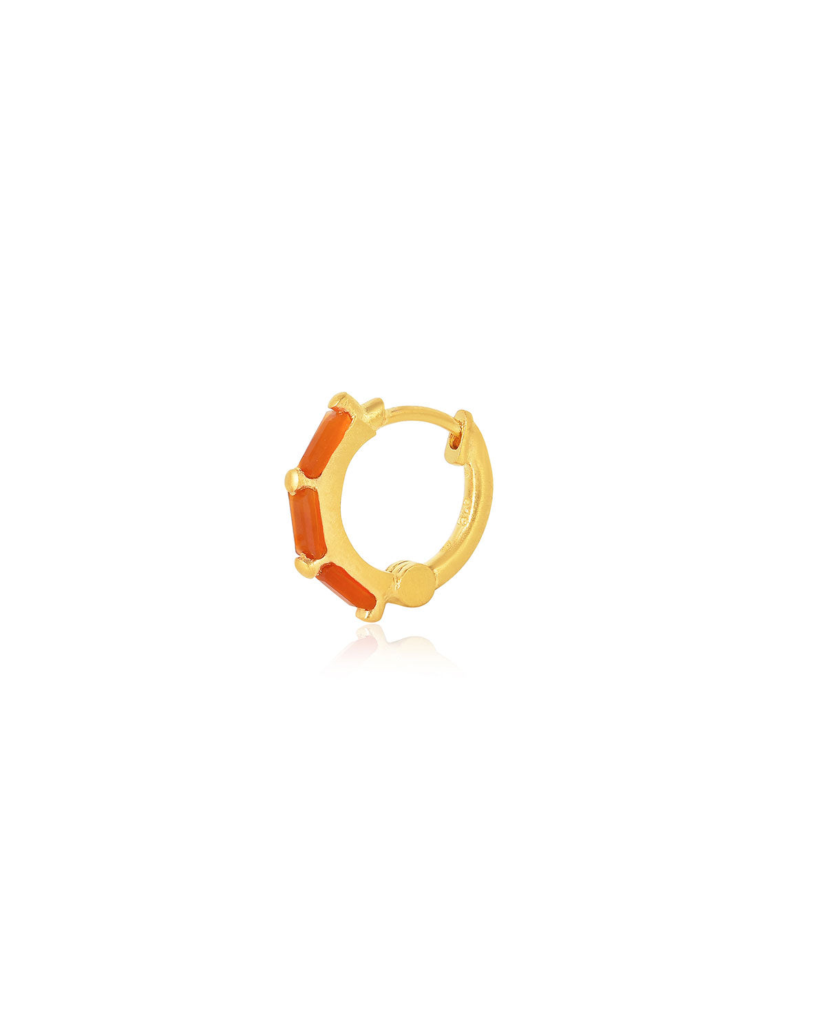 Side view of gold mini hoop earrings with baguette-cut carnelian gemstones