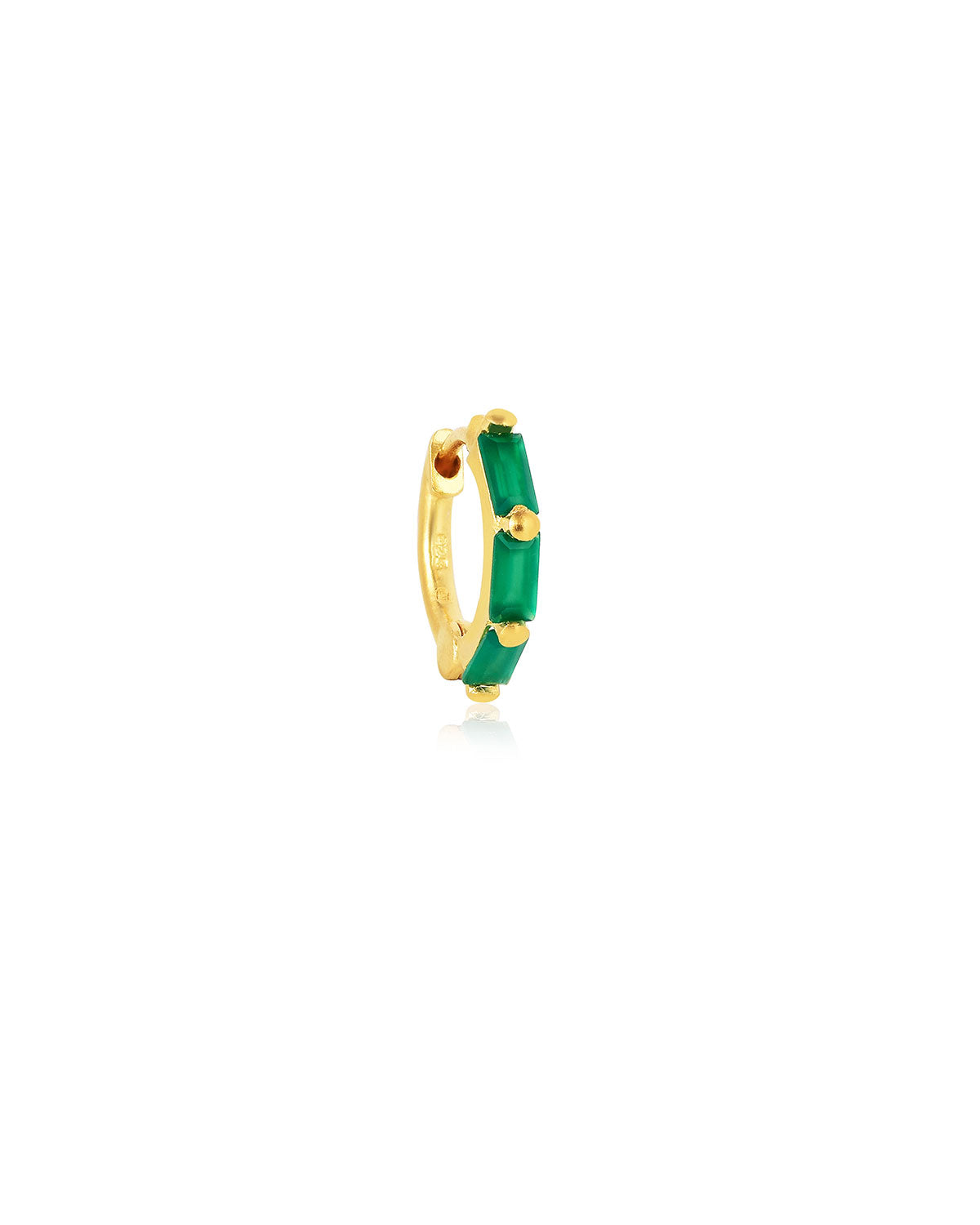 Gold mini hoop earrings with emerald green onyx gemstones and a polished finish