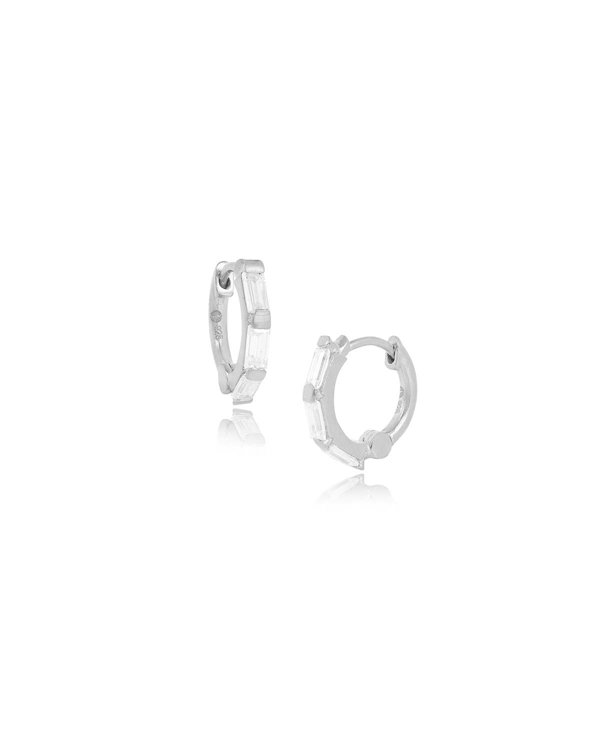 Sterling silver mini hoop earrings with baguette-cut cubic zirconia