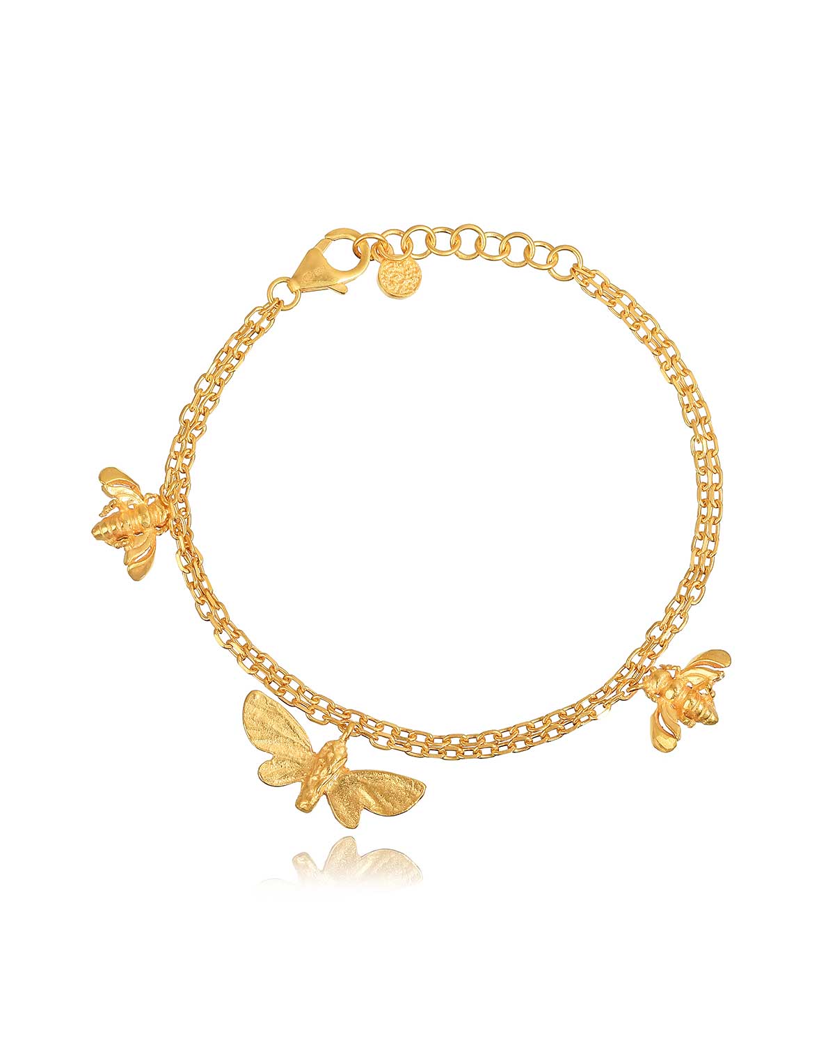 Gold bracelet featuring butterfly and bee charms, symbolizing freedom and transformation