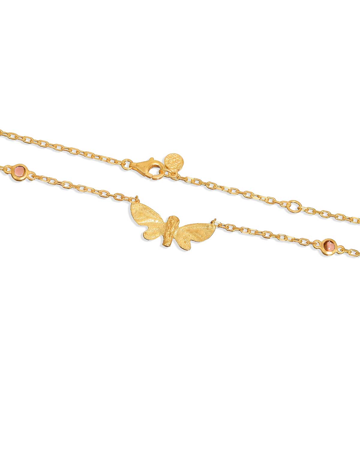 Handcrafted gold butterfly necklace with blue topaz and pink tourmaline gemstones, elegant and bold design