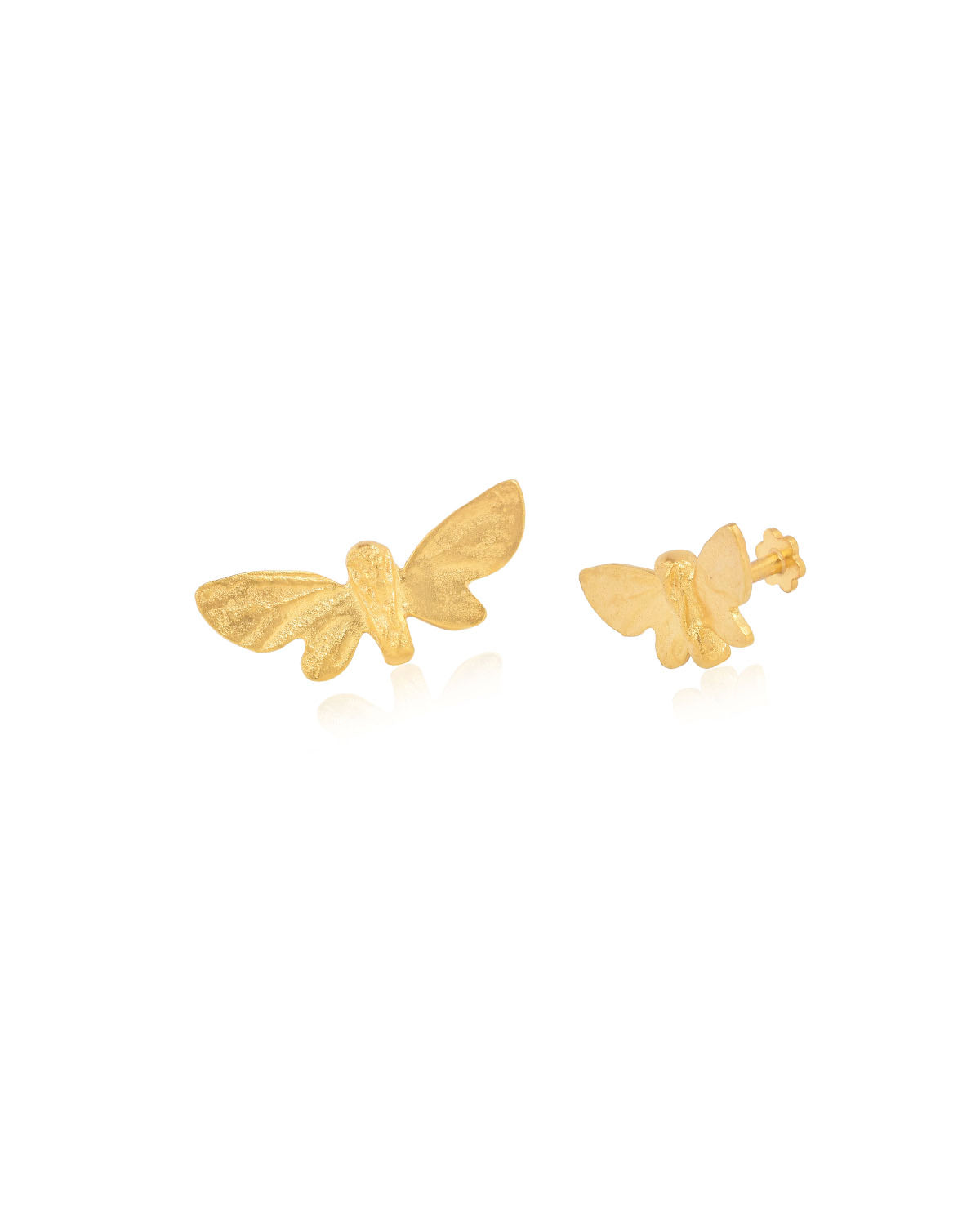 Gold butterfly stud earrings symbolizing freedom, transformation, and beauty with front and side view 