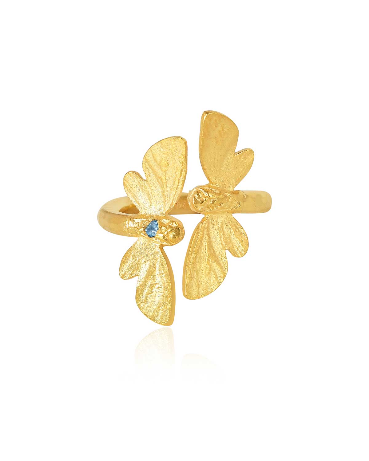 Adjustable gold ring with butterfly motifs and a vibrant Swiss Blue Topaz gemstone