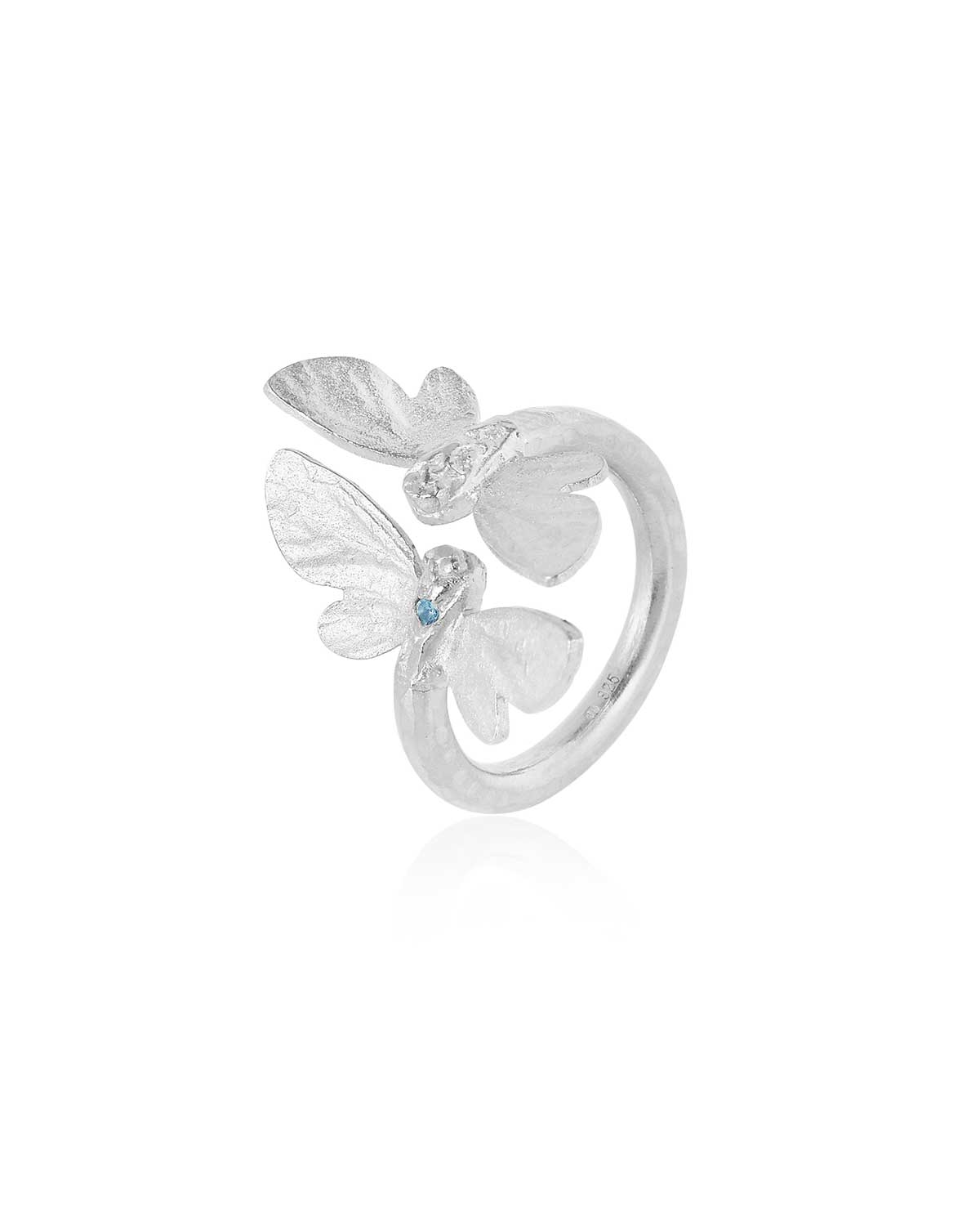 Adjustable silver ring with Swiss Blue Topaz and butterfly motifs, symbolizing transformation