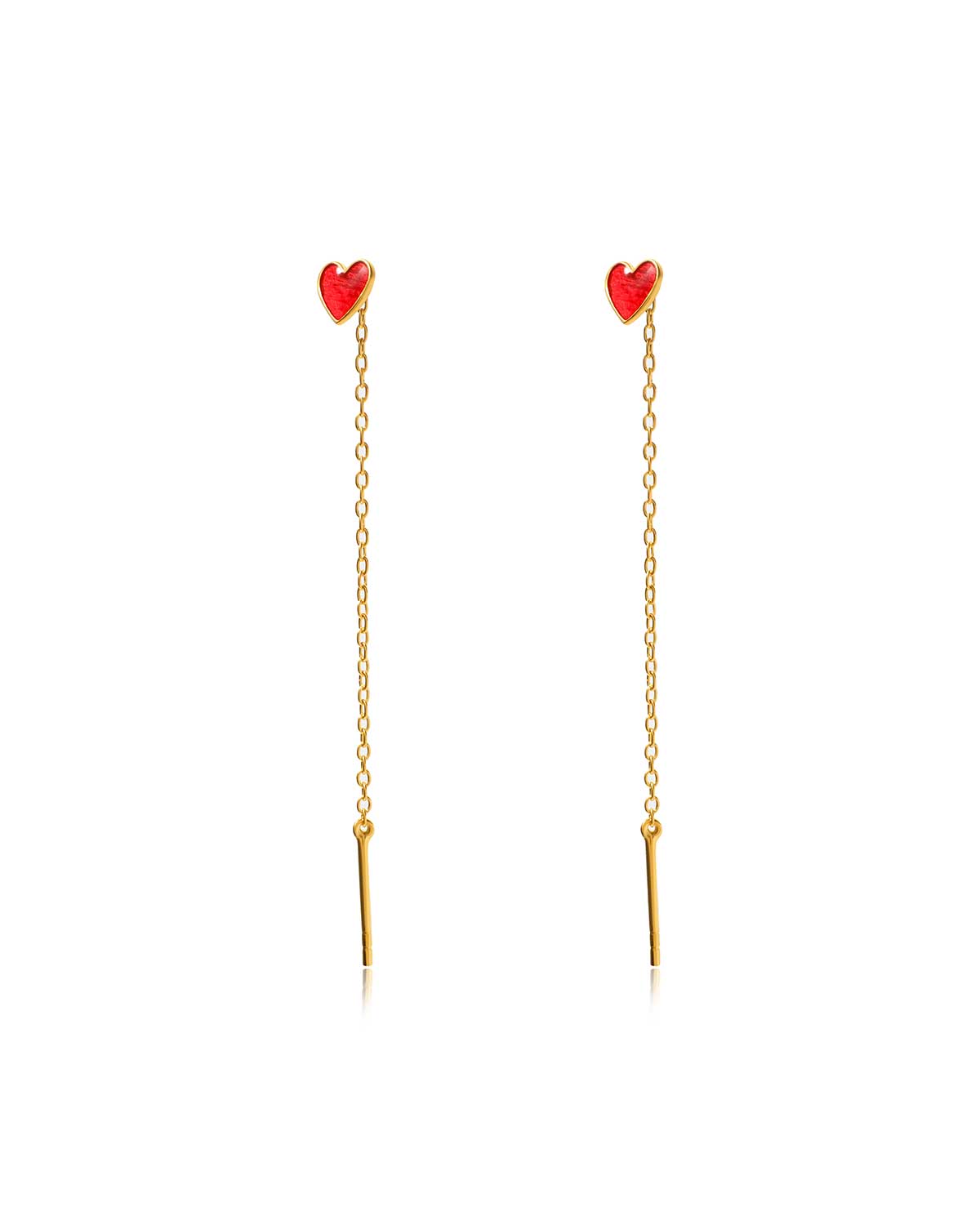 Gold earrings with red enamel heart charms in a delicate design