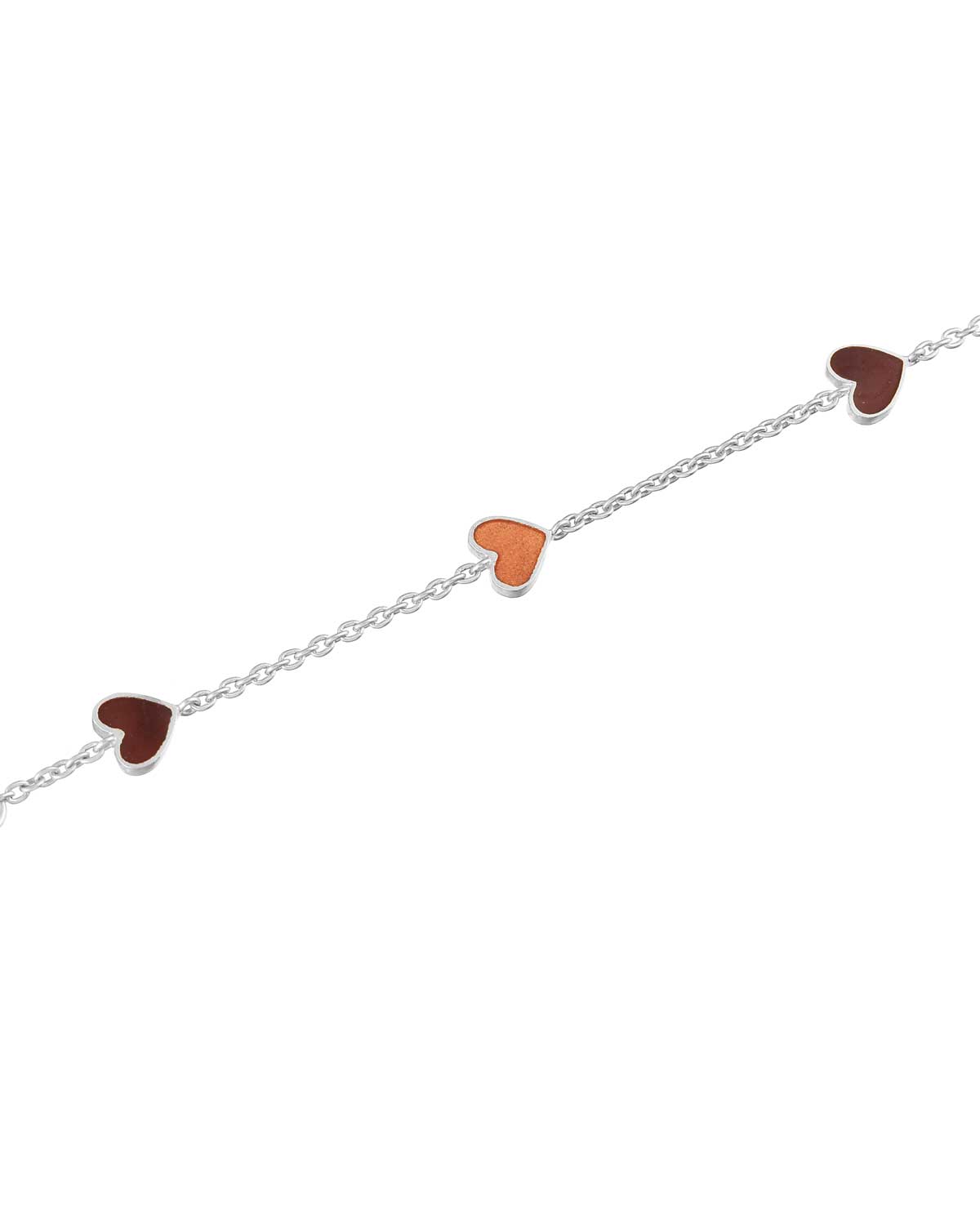 Close-up of colourful enamel heart charms on a sterling silver bracelet
