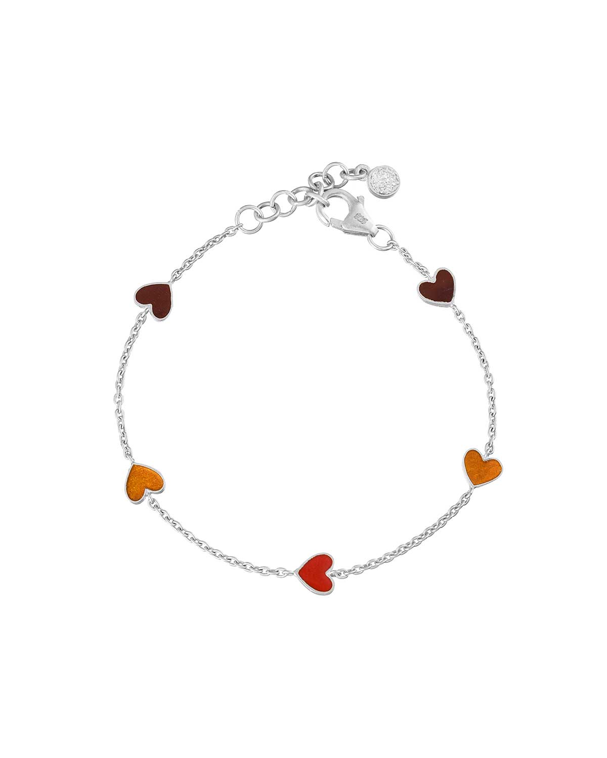 Silver bracelet with reversible enamel heart charms in mixed lipstick colours