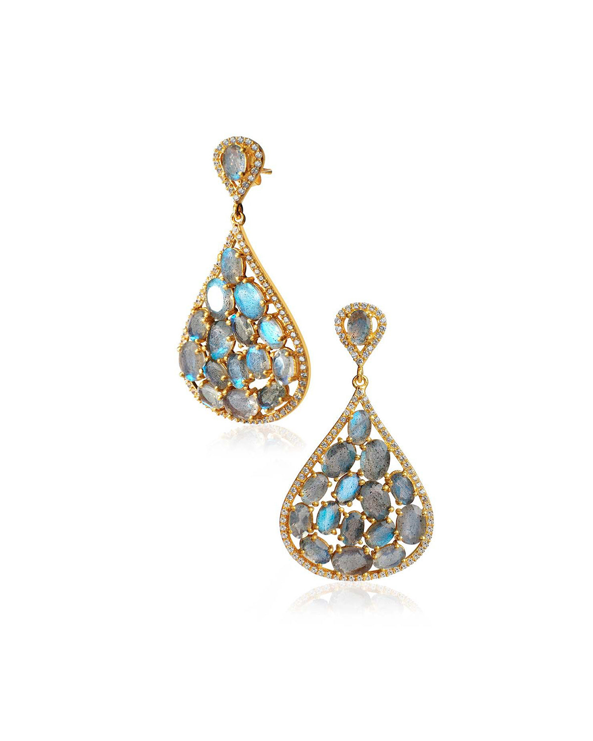 Gold statement earrings with multi-faceted labradorite gemstones and crystal detailing