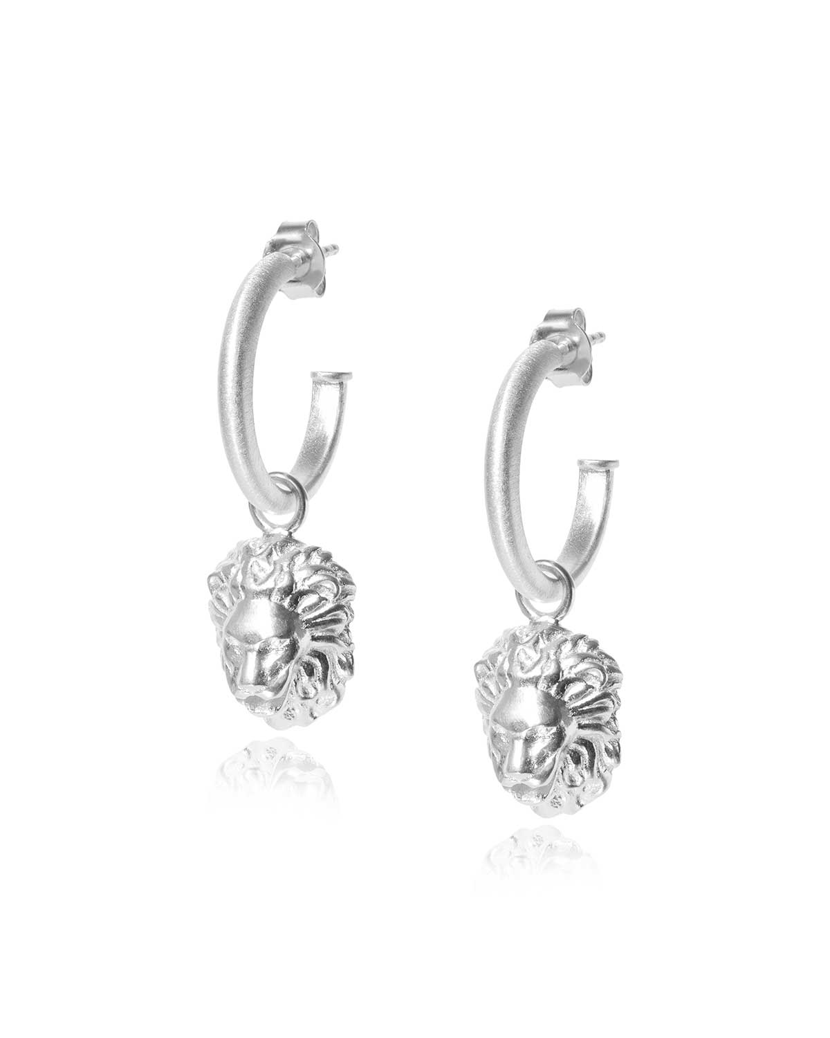 Silver hoop earrings with removable lion charm details and polished finish