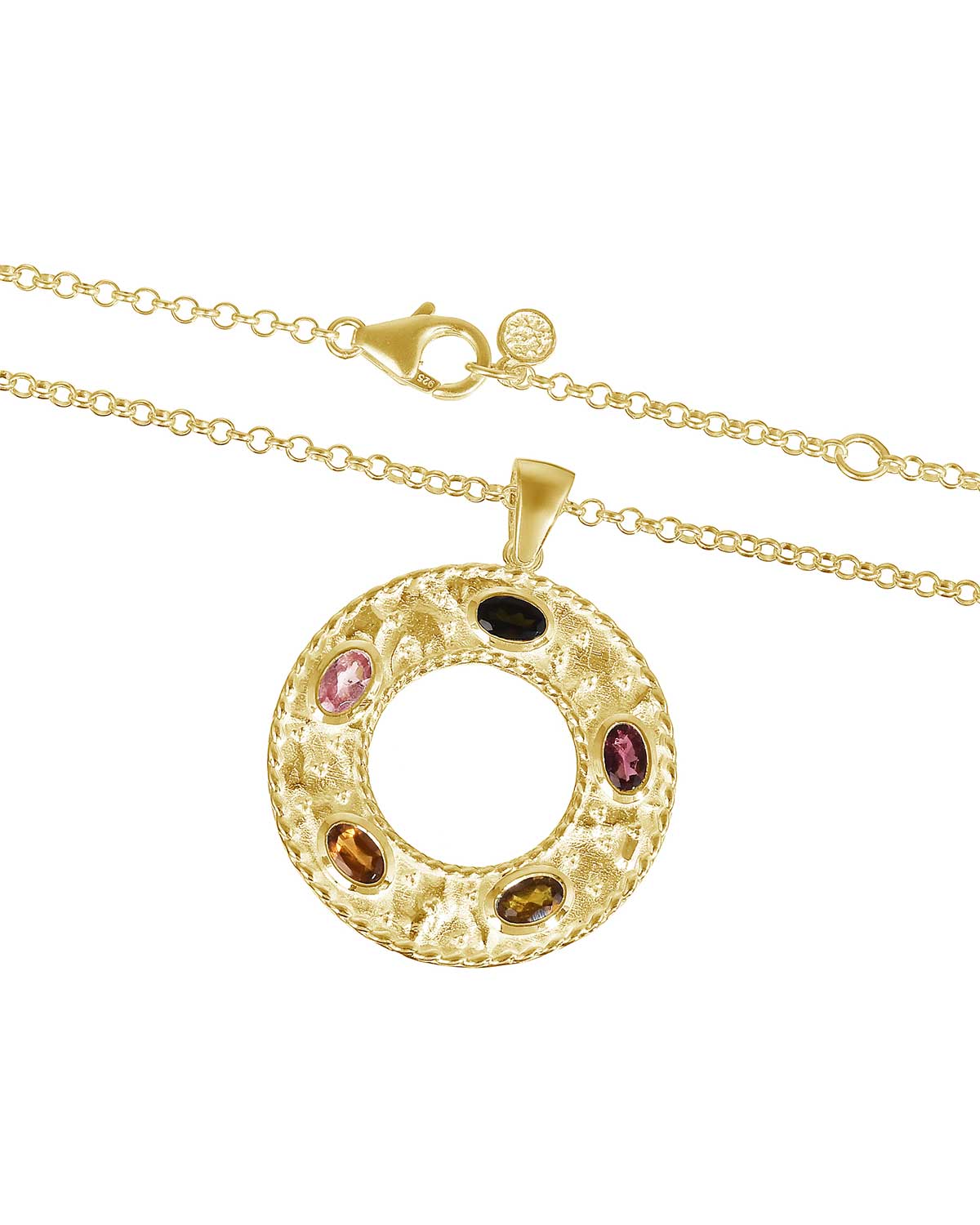 Detailed view of a gold pendant with multicolour tourmaline gemstones