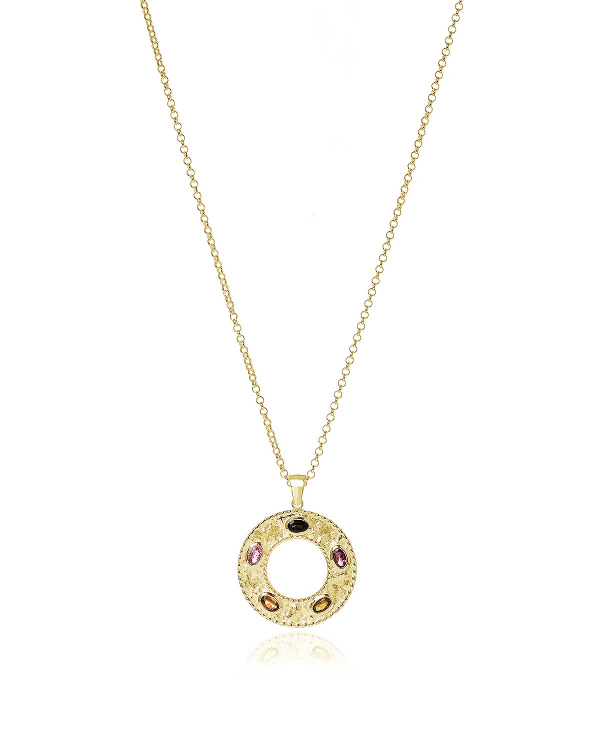 Gold necklace with multicolour tourmaline gemstones and an adjustable chain