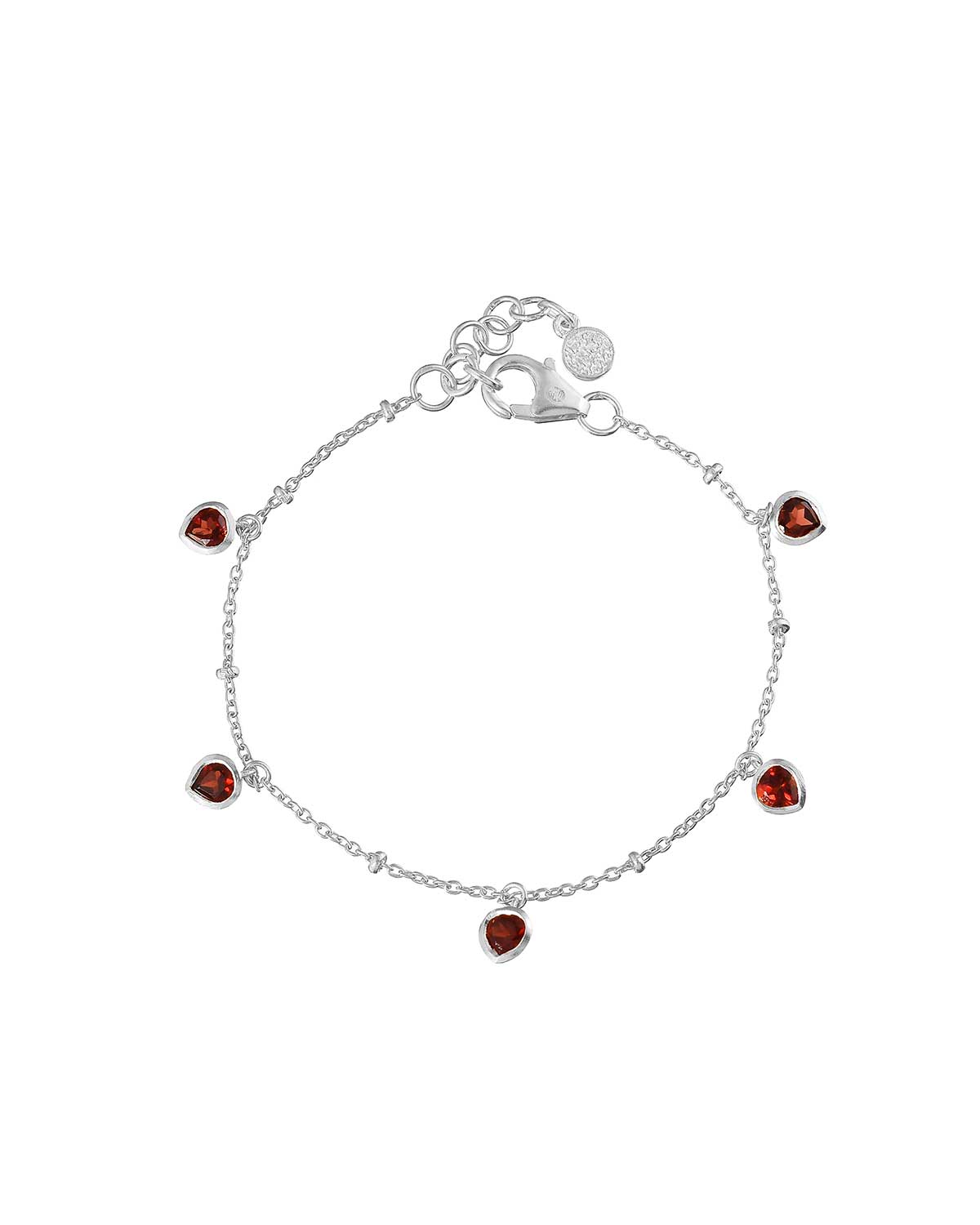 Sterling silver bracelet with a garnet heart charm and adjustable design