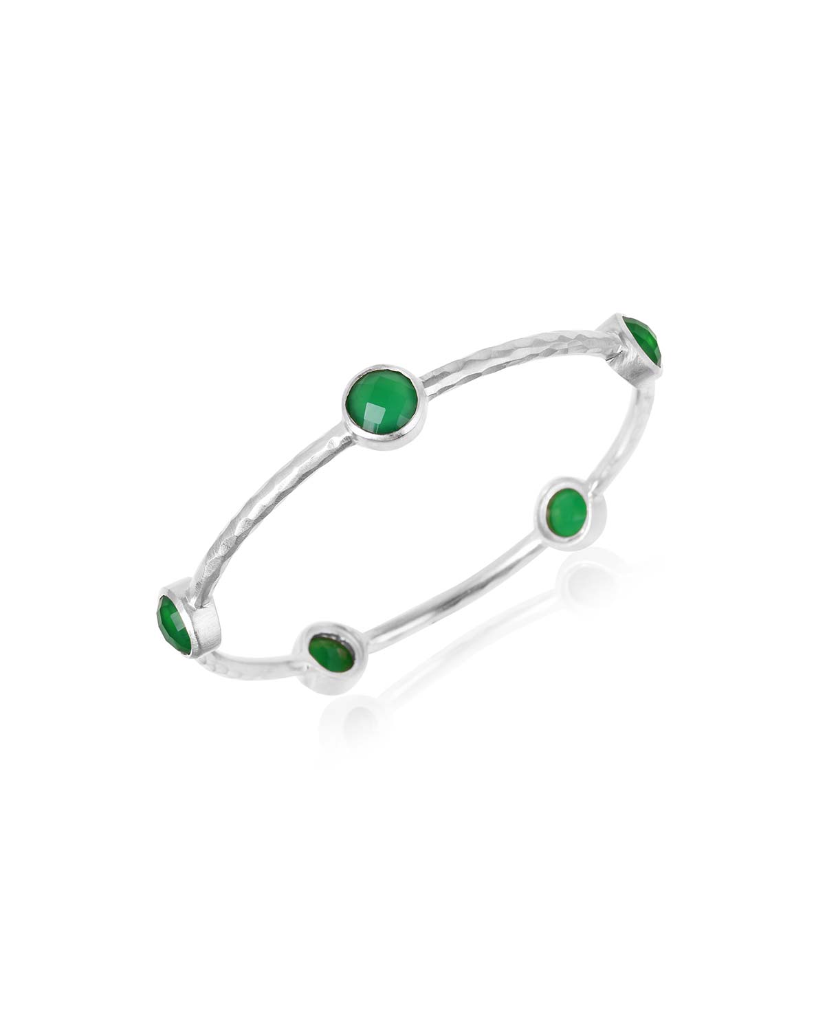 Bold silver bangles with natural green onyx gemstones and a hammered finish