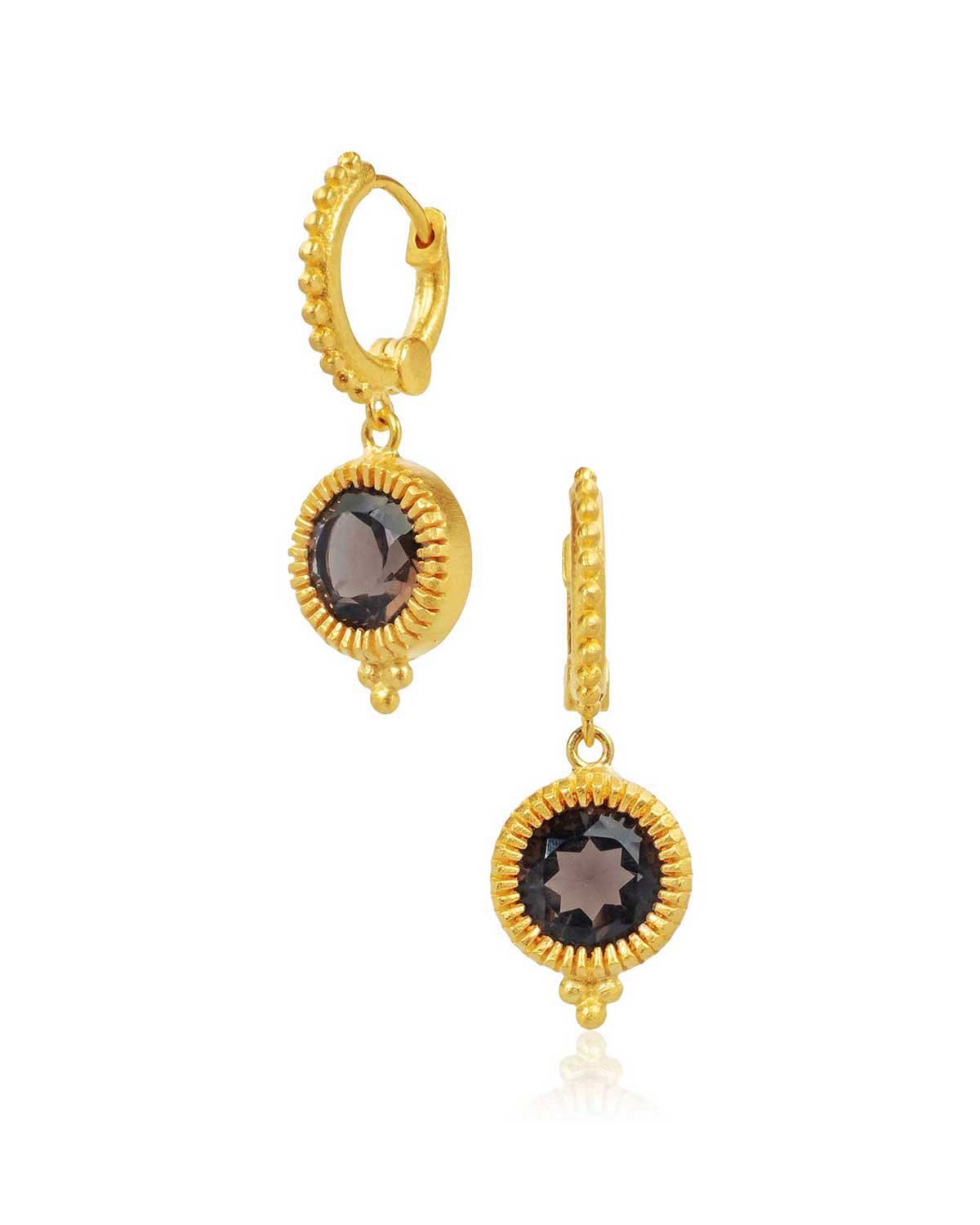 Gold mini hoop earrings with smoky quartz drop and polished finish