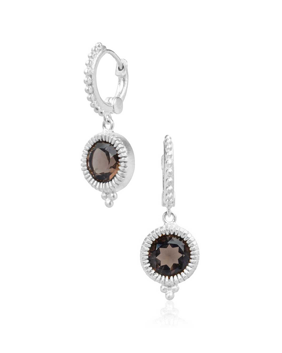 Silver mini hoop earrings with smoky quartz drop and polished finish