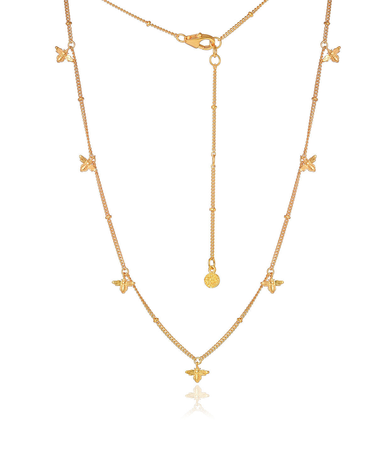Gold adjustable necklace with multiple handcrafted bee details and a polished finish