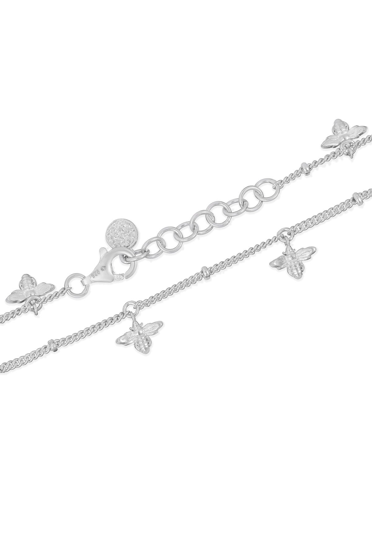 Sterling silver bee anklet with a polished finish and delicate charm details