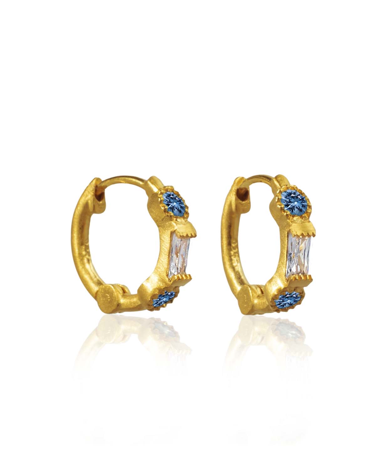 Gold mini hoop earrings with blue topaz and cubic zirconia stones