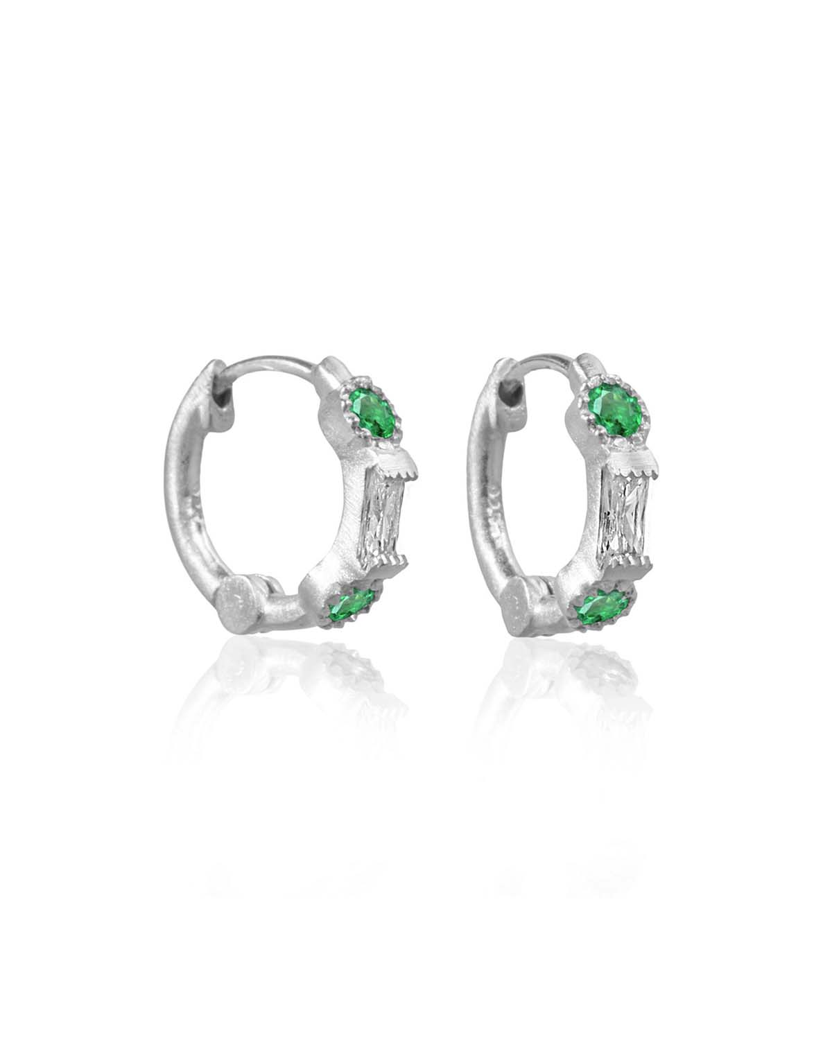 Silver mini hoop earrings with emerald gemstones and cubic zirconia stones