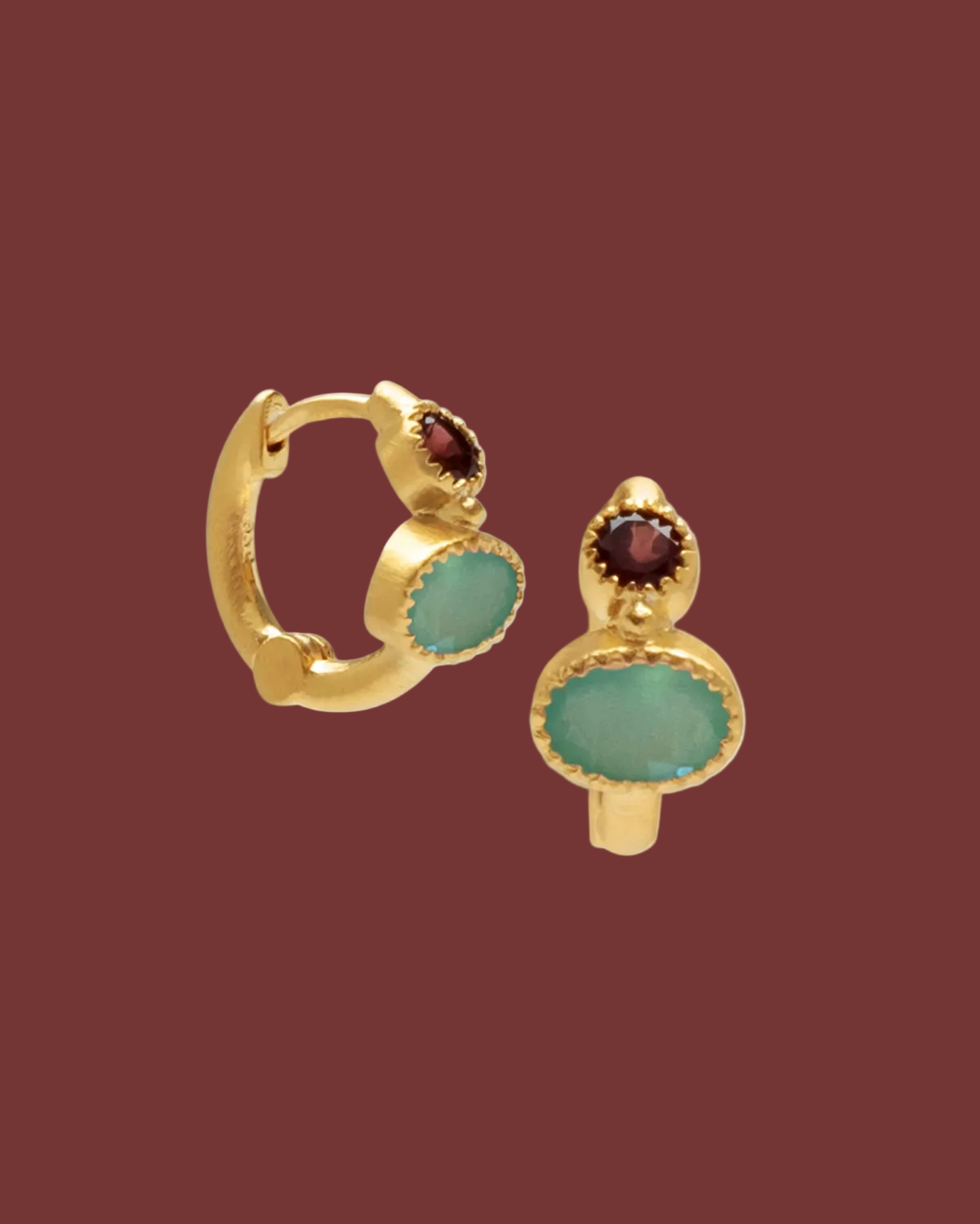 "Modish" Garnet & Aqua Calcedony Gold Mini Hoop