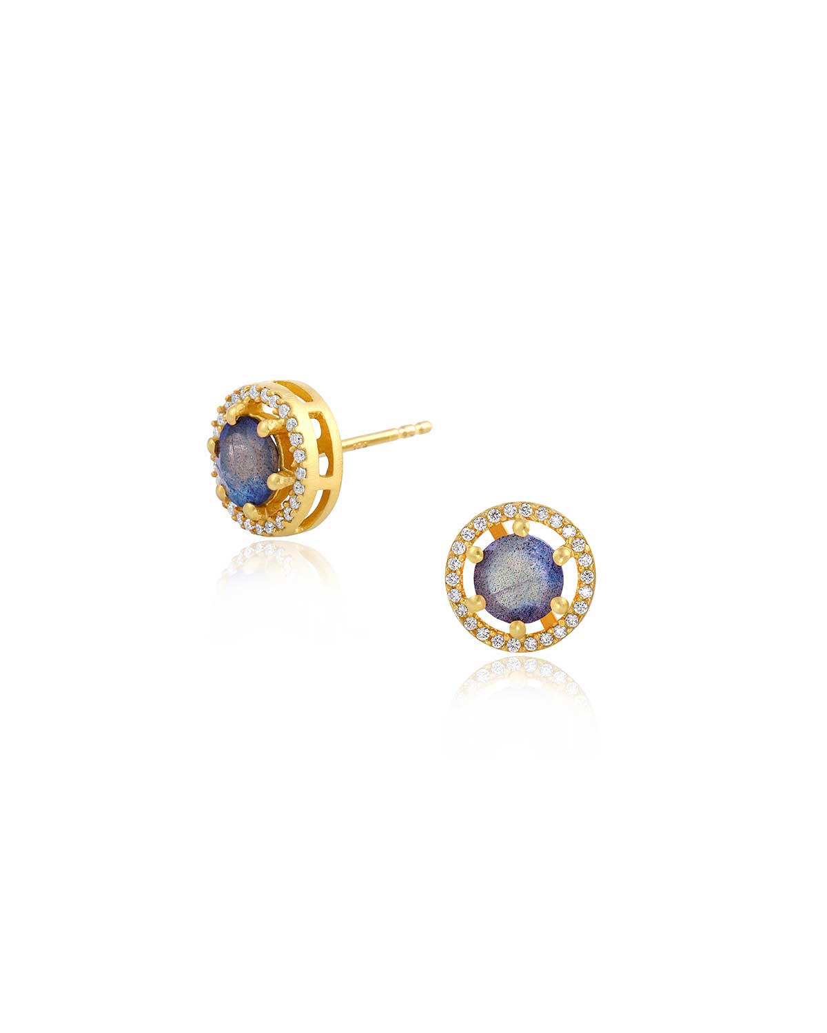 Front and side view of gold stud earrings with a choice of black spinel or labradorite gemstones