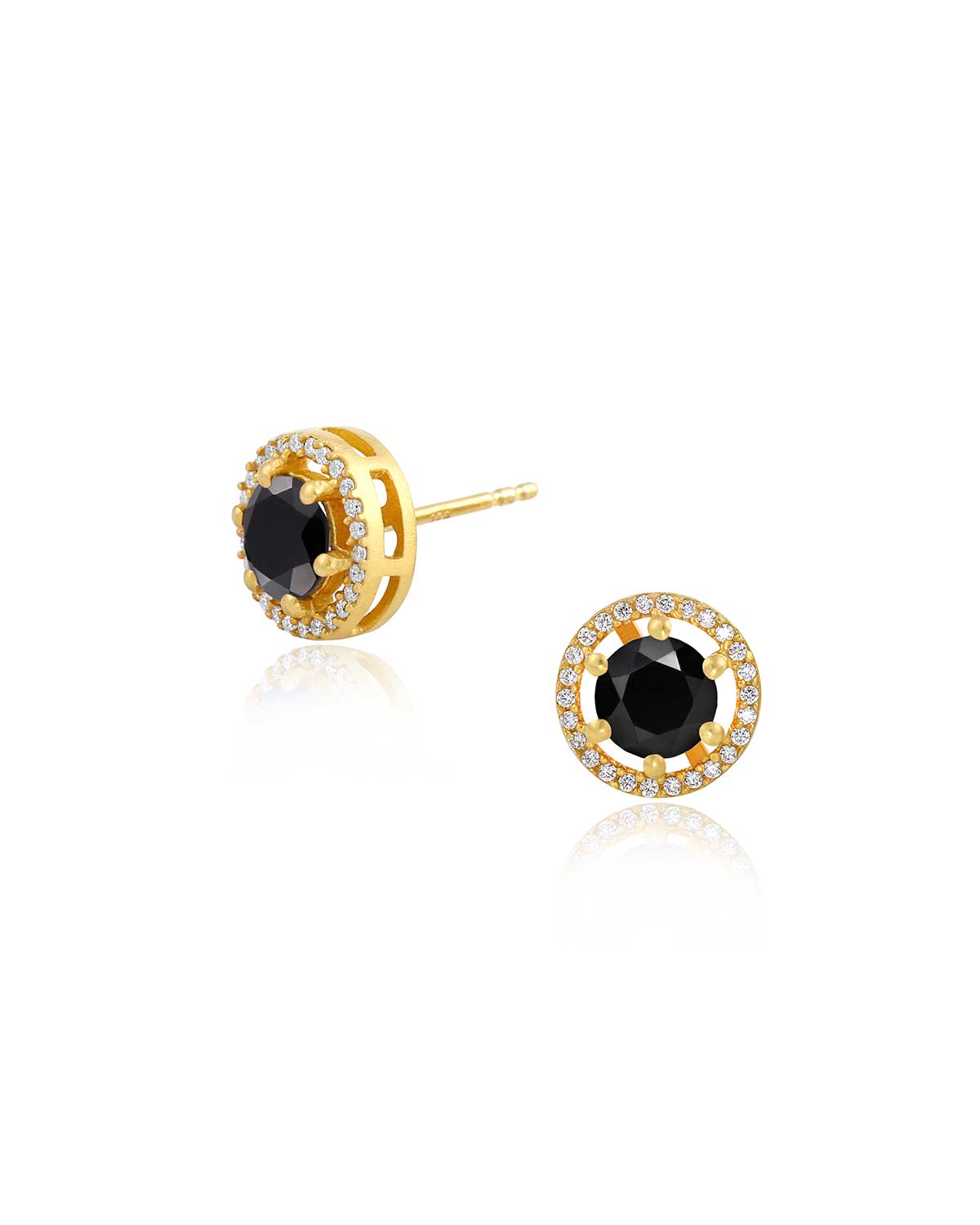 Gold stud earrings with black spinel and labradorite gemstones