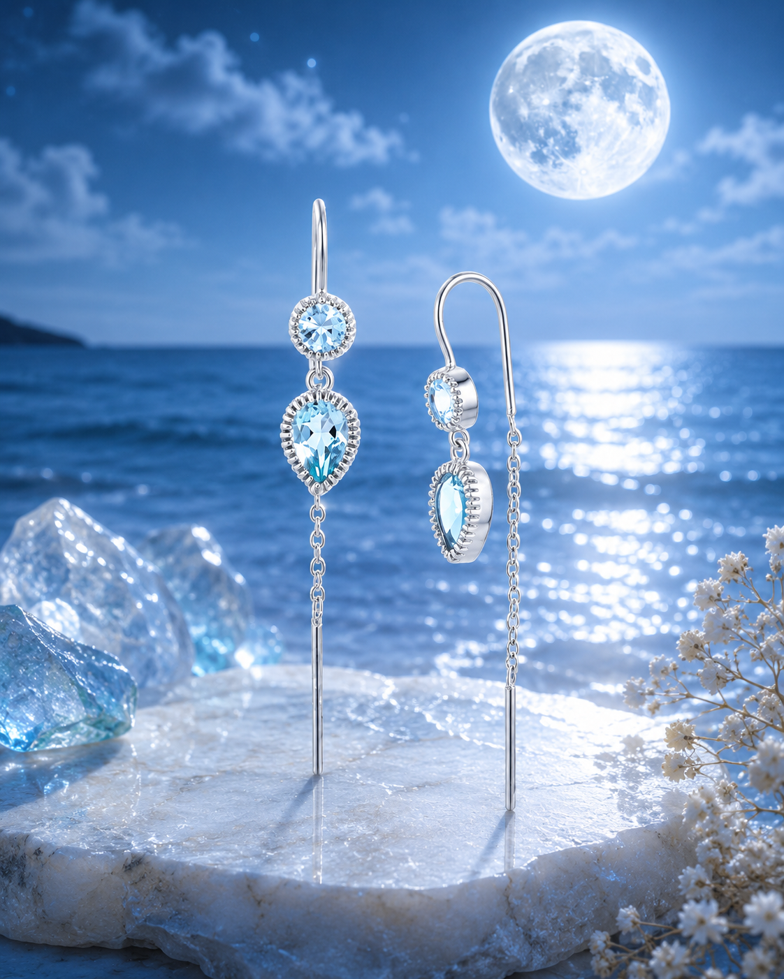 Moon London blue topaz sterling silver drop earrings on a moonlit beach with raw crystals