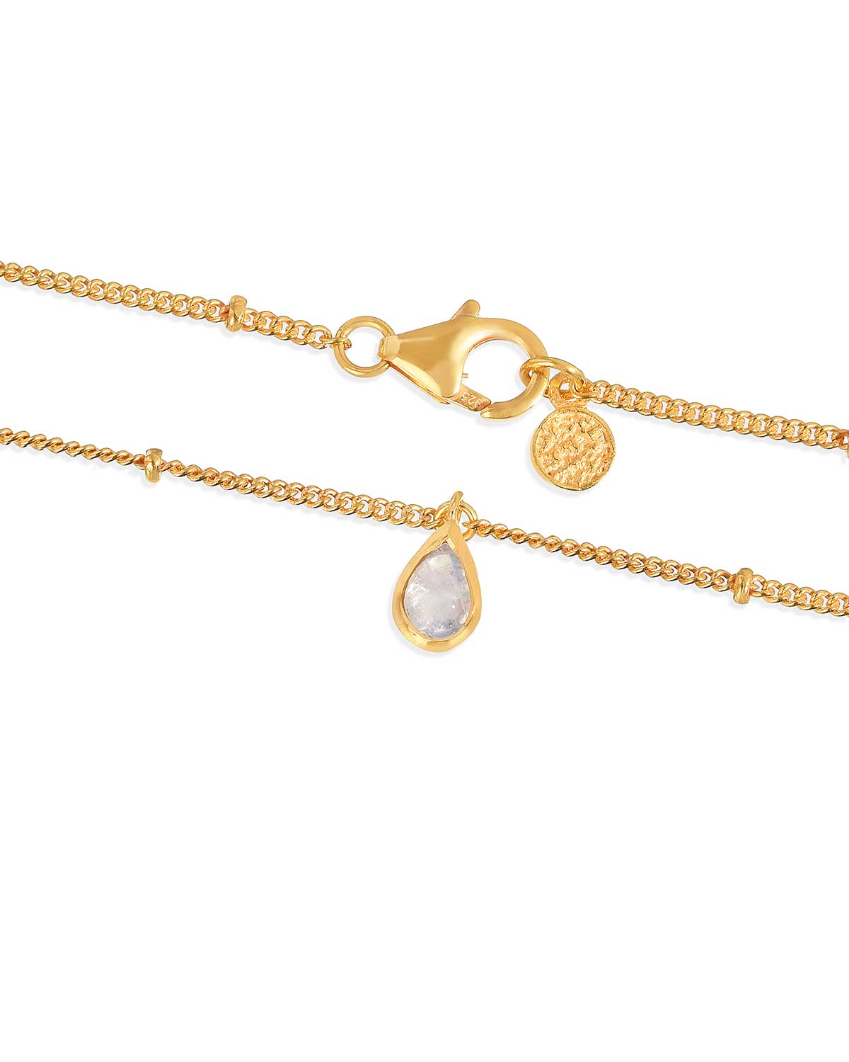 adjustable gold necklace showing the hand-cut moonstone and polished gold finish