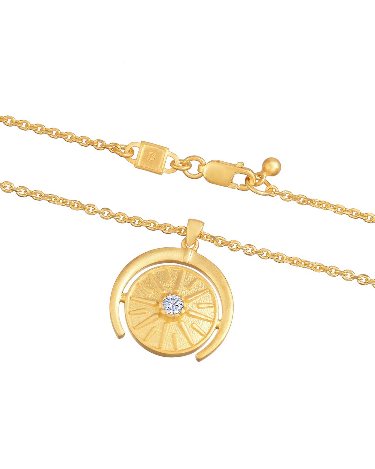 Gold vermeil pendant necklace with a circular design and single diamond